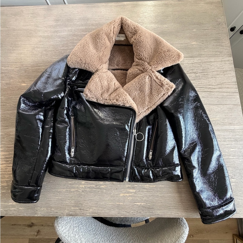 Lovers + Friends Shiny Black Leather Jacket with Plush Tan Collar